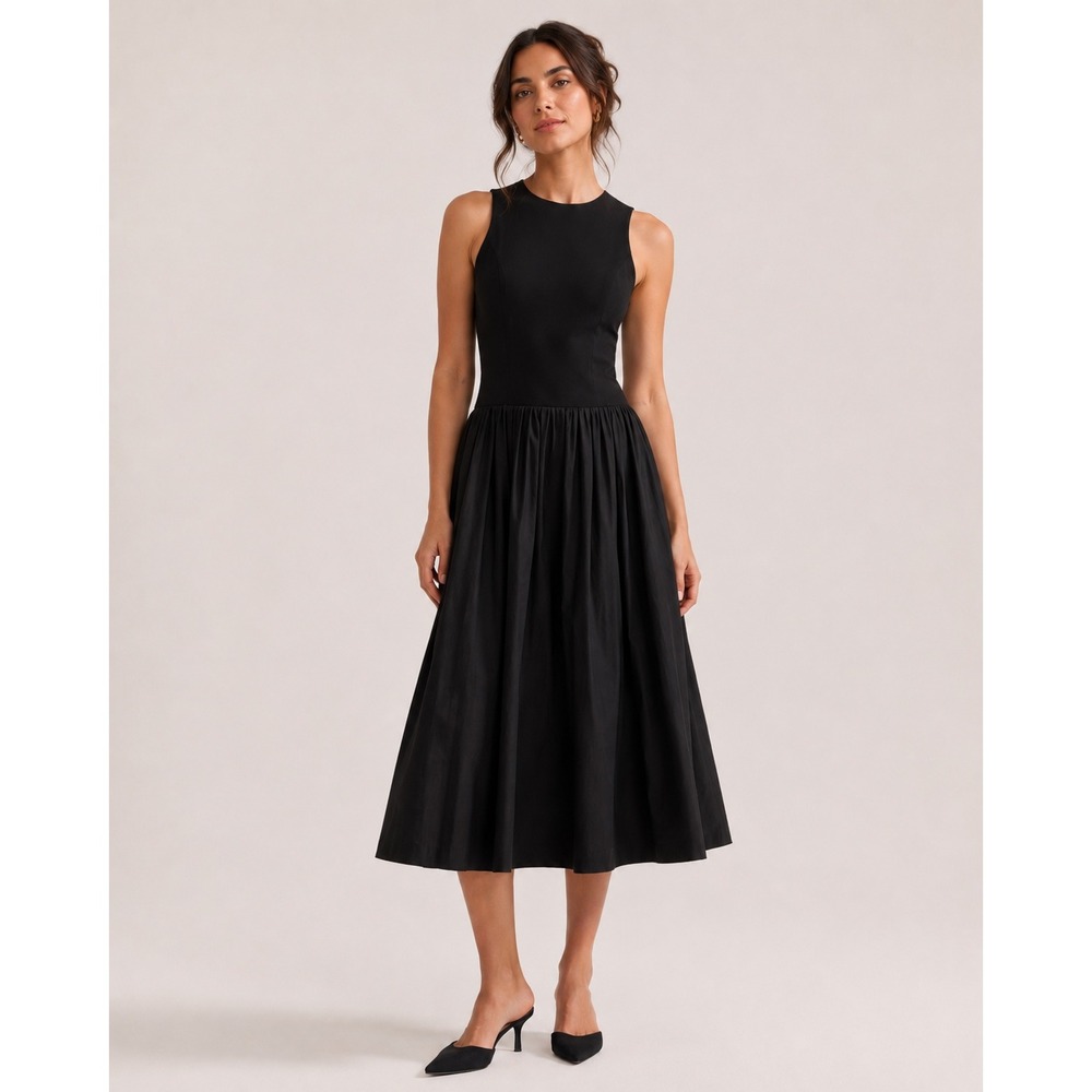 TOCCIN Clara Racerback Black Mixed Media Sleeveless Pleated Midi Dress Size 12